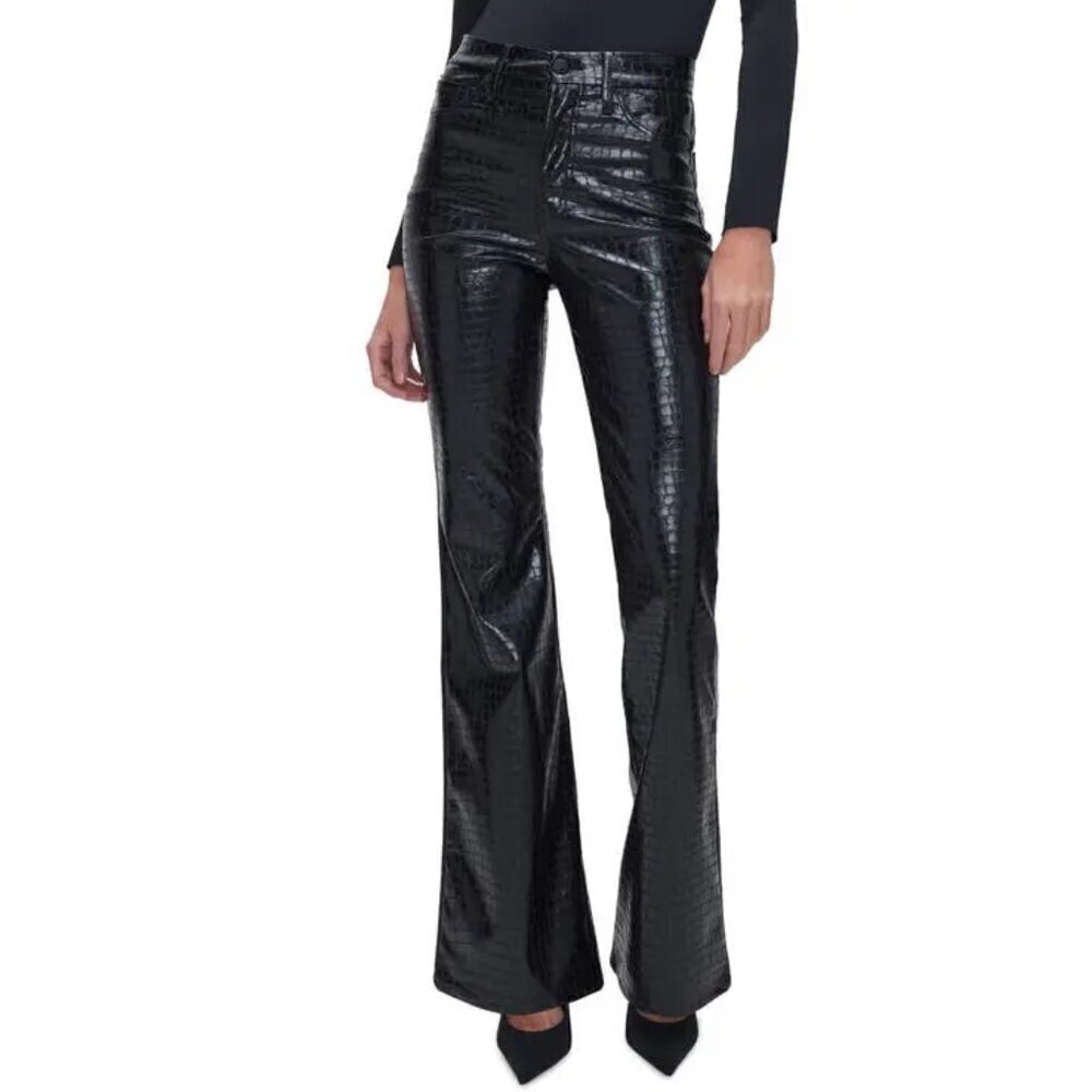 GOOD AMERICAN Good Legs Croc Embossed Faux Leather Flare Pants in Black US 26